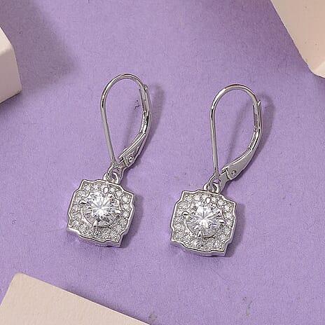 Moissanite - GRA Certified (VVS1-D) Moissanite Dangling Earring with Lever Back in Rhodium Overlay Sterling Silver 1.17 Ct.