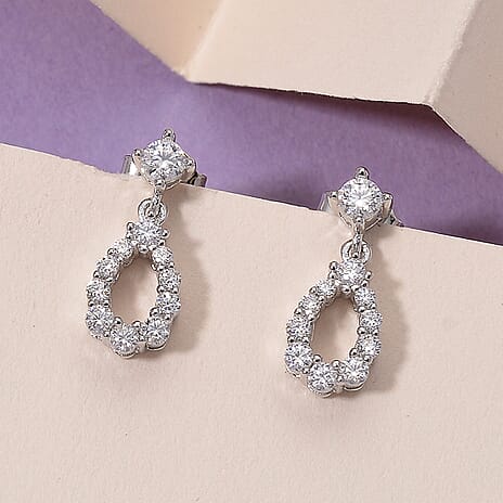 Moissanite - GRA Certified D-VVS1 Moissanite Dangling Earring with Push Back in Rhodium Overlay Sterling Silver