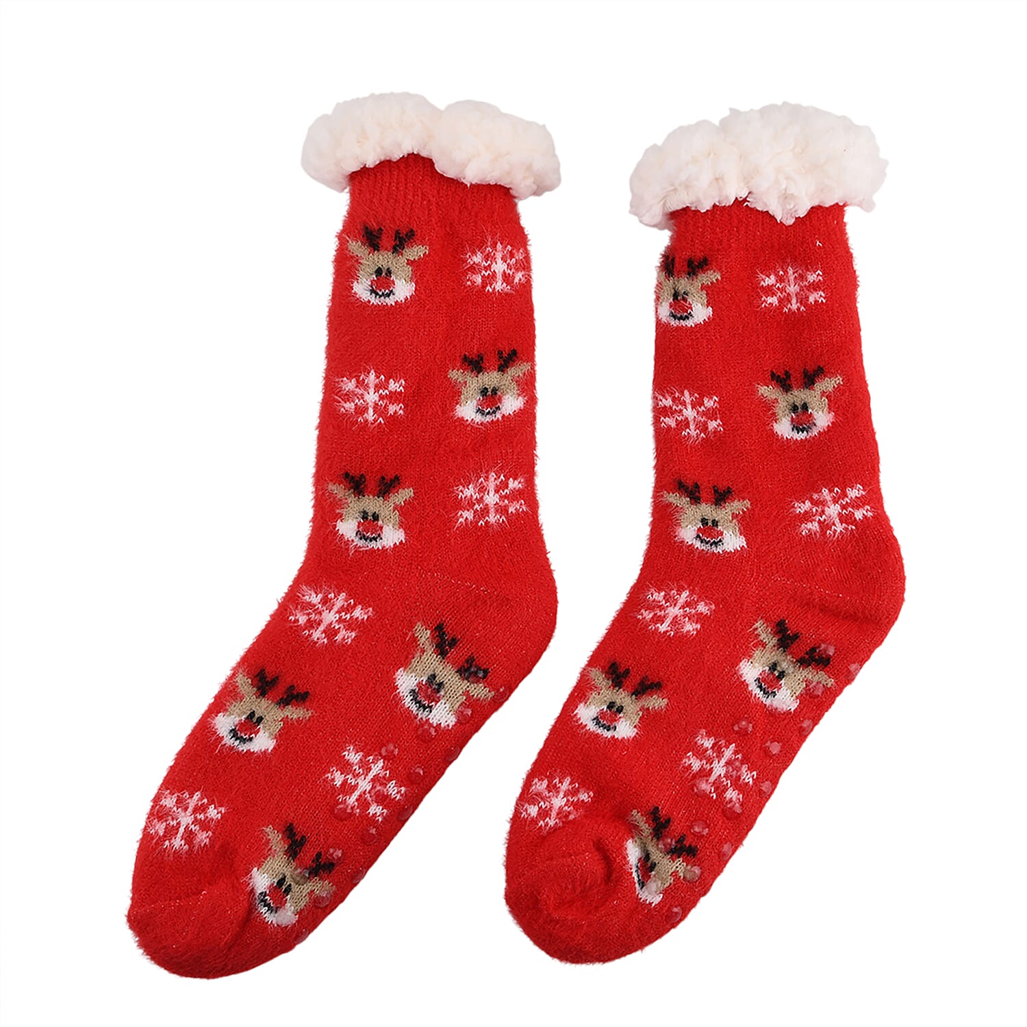 Christmas Snowflakes & Elk Design Warm Sherpa Socks - Red