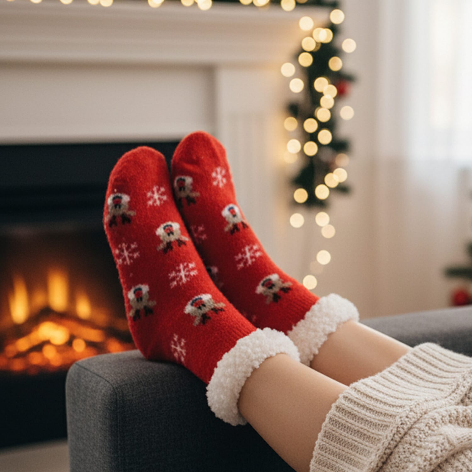 Christmas Snowflakes & Elk Design Warm Sherpa Socks - Red