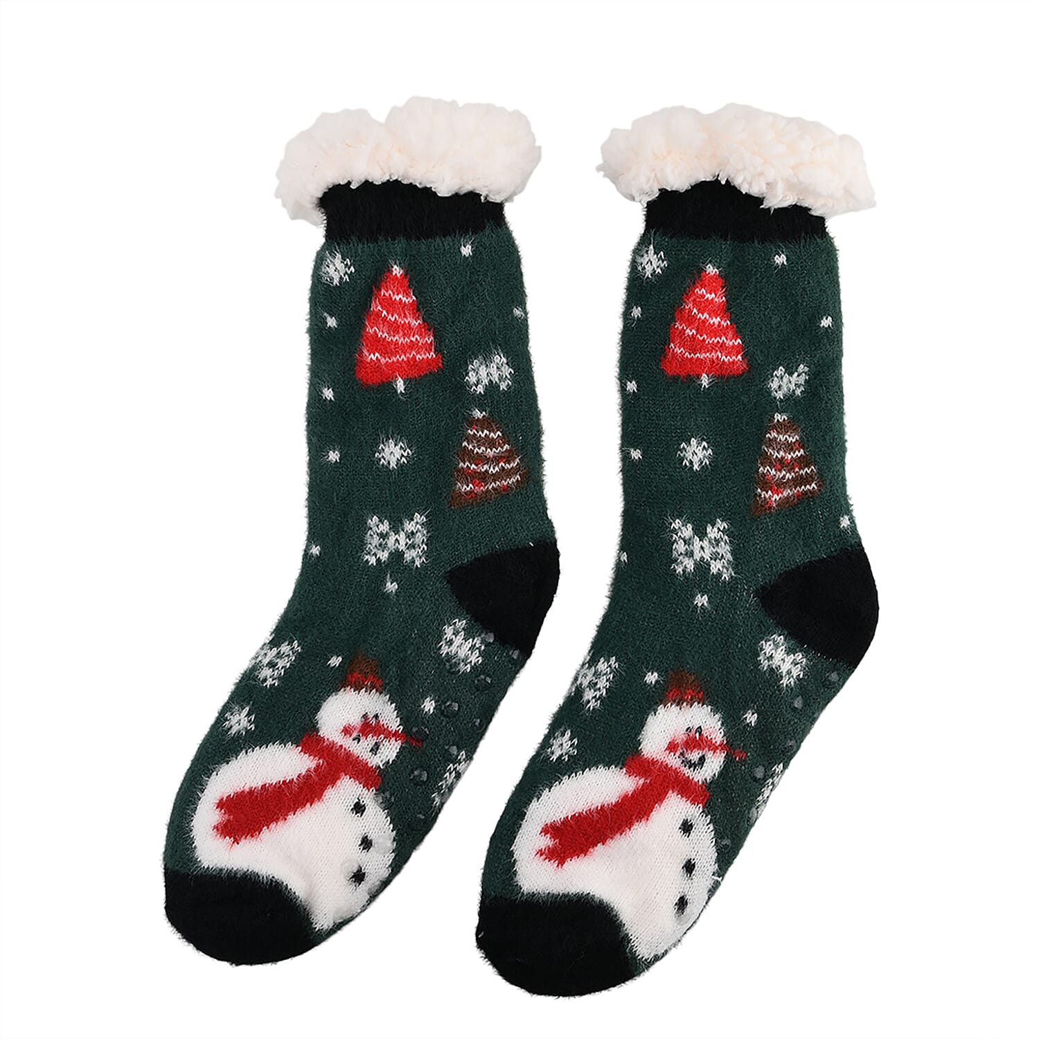 Christmas Snowman Design Warm Sherpa Socks - Dark Green