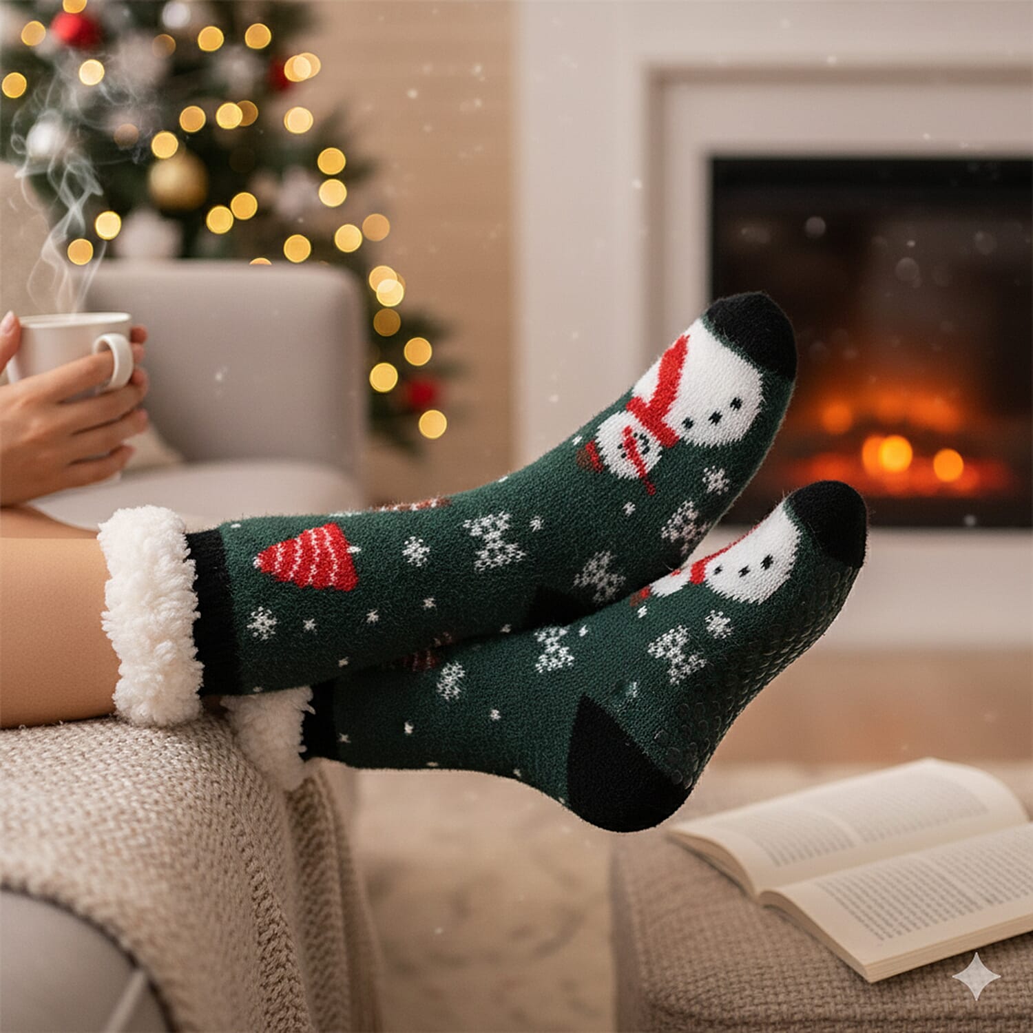 Christmas Snowman Design Warm Sherpa Socks - Dark Green