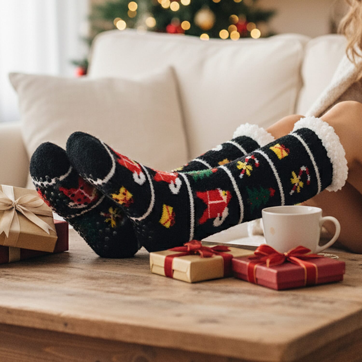 Warm Sherpa Socks - Black & Red