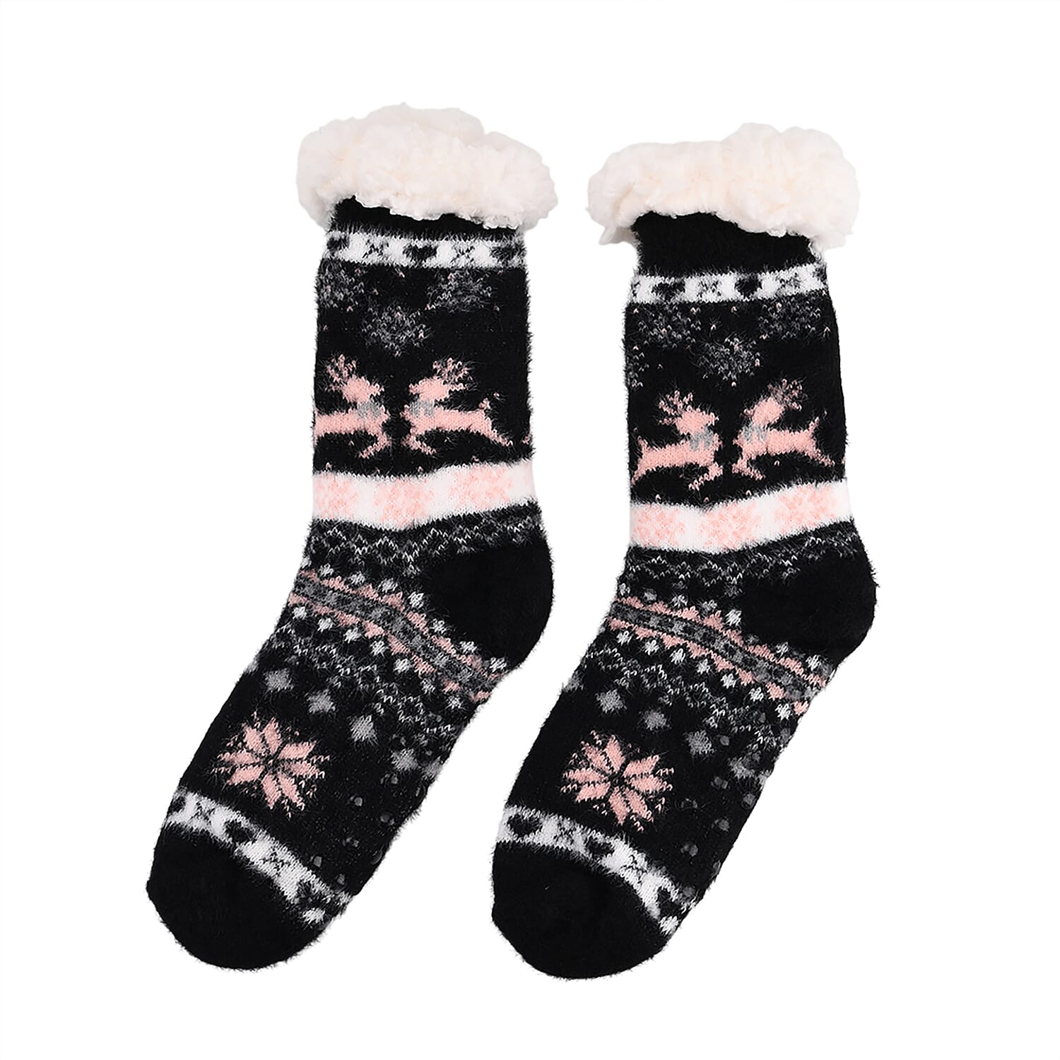 Christmas Pattern Warm Sherpa Socks - Black & Pink