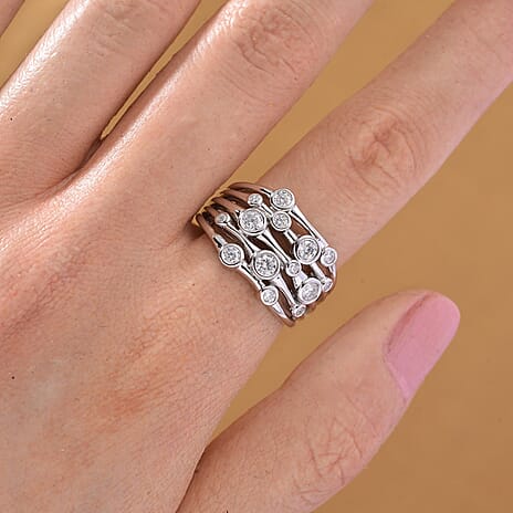 GRA Certified D-VVS1 Moissanite Ring in Rhodium Overlay Sterling Silver, Silver Wt. 6.20 Gms.