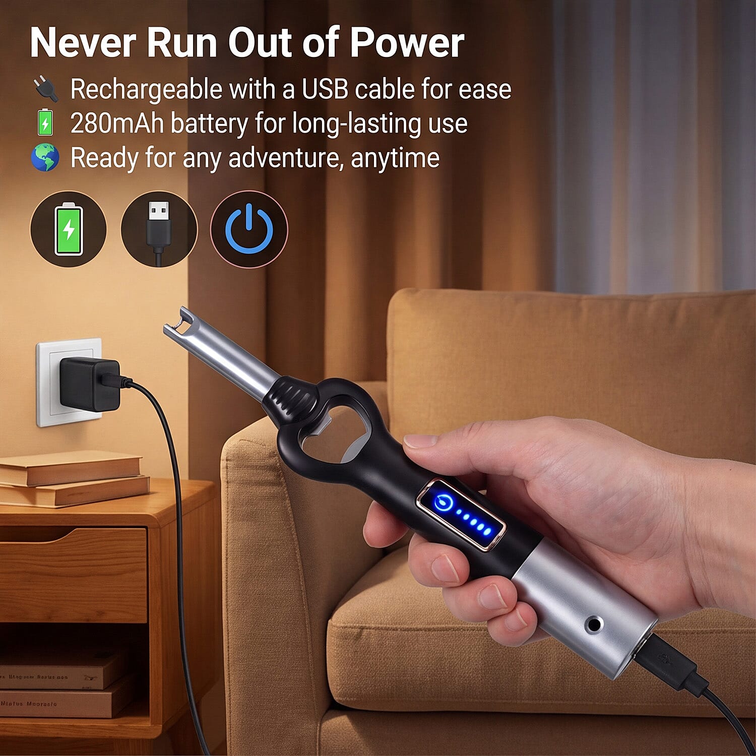 2-in-1 Bottle Opener - Electronic Lighter with Display - Silver