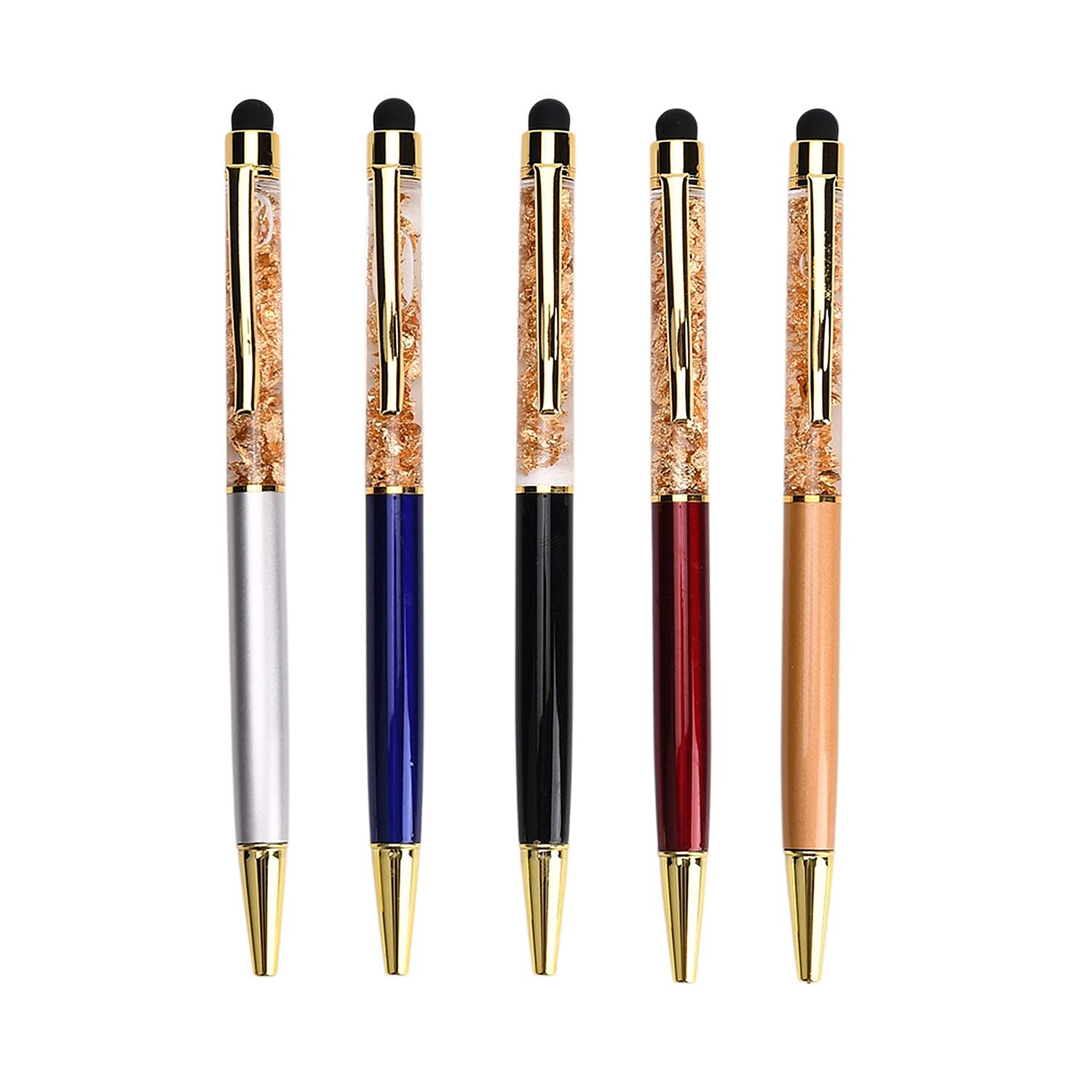 LIVMORE Set of 5 Gold Colour Foil Ballpoint Pens With Touch Heads and Refils - Presented in a Gift Box