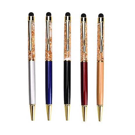 LIVMORE Set of 5 Gold Colour Foil Ballpoint Pens With Touch Heads and Refils - Presented in a Gift Box