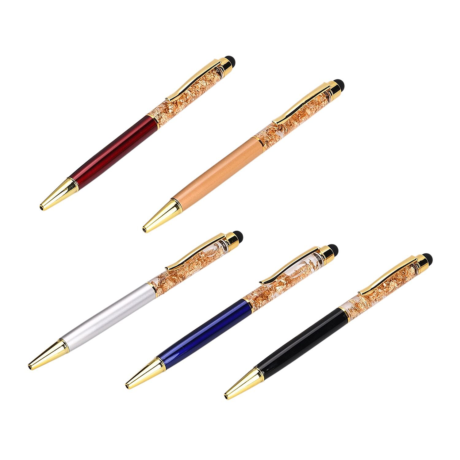 LIVMORE Set of 5 Gold Colour Foil Ballpoint Pens With Touch Heads and Refils - Presented in a Gift Box
