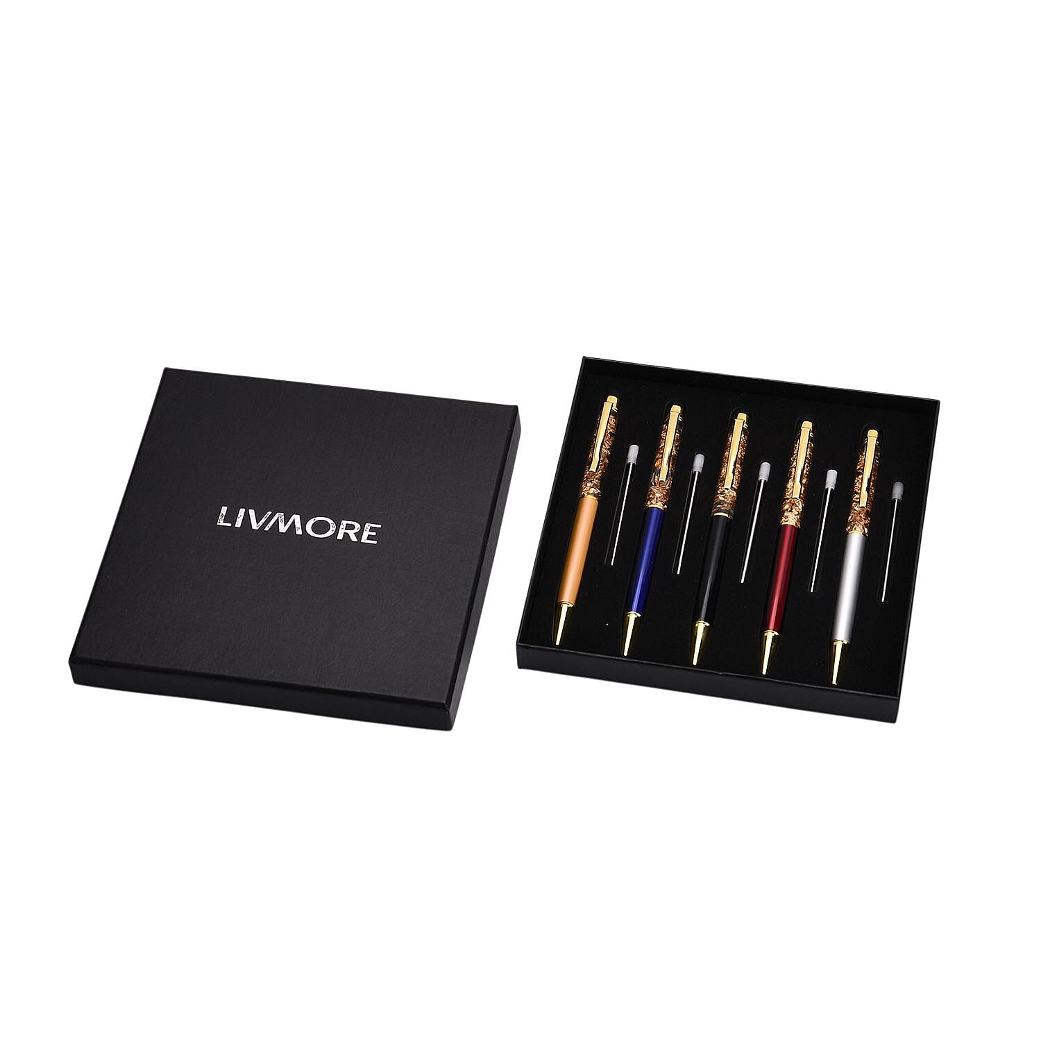LIVMORE Set of 5 Gold Colour Foil Ballpoint Pens With Touch Heads and Refils - Presented in a Gift Box