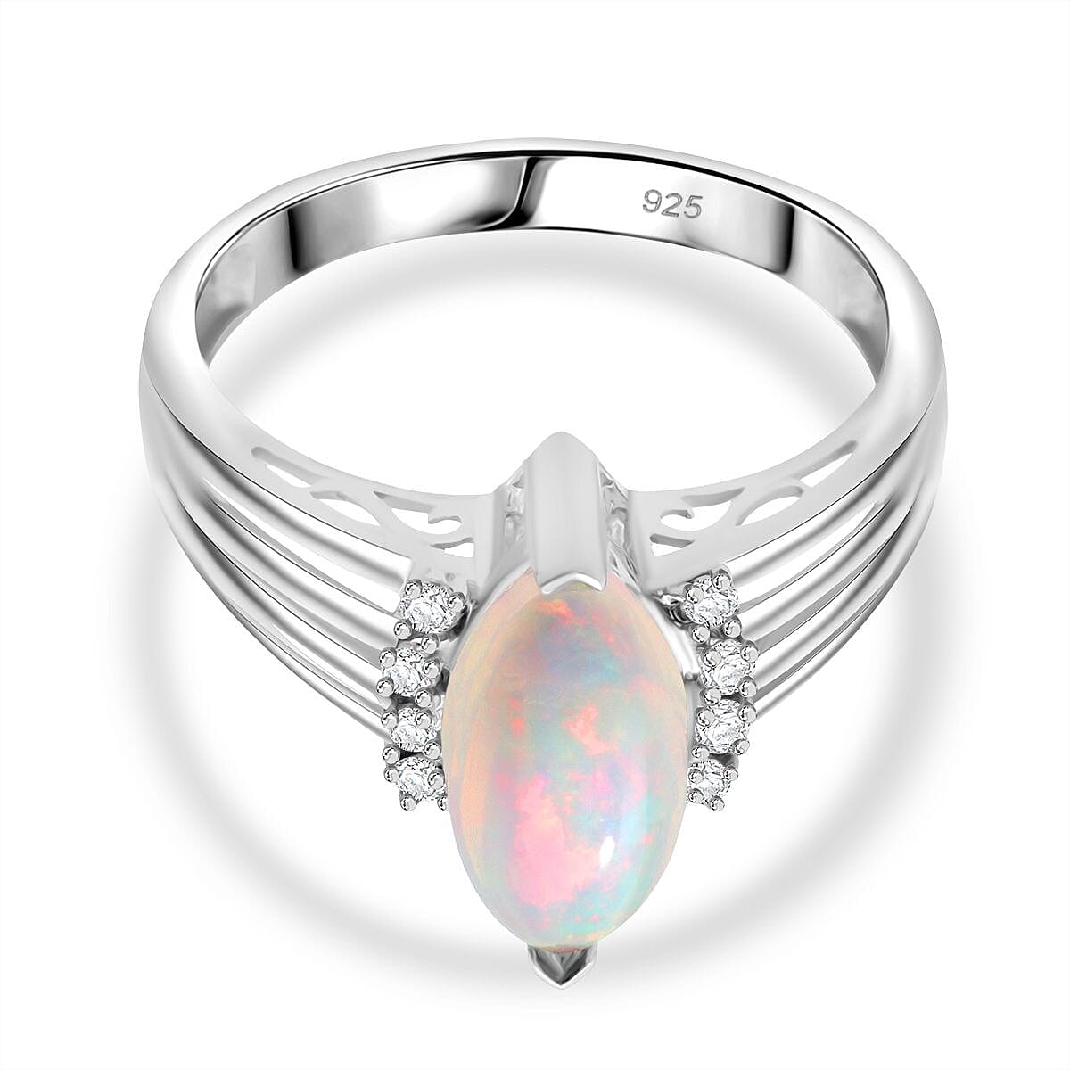 Ethiopian Opal & Moissanite Ring in Rhodium Overlay Sterling Silver 1.38 Ct.