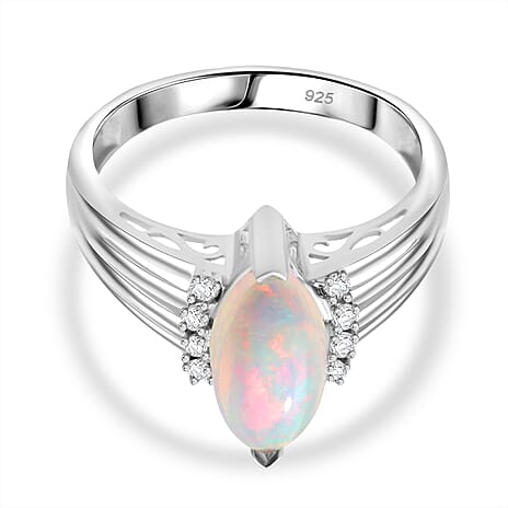 Ethiopian Opal & Moissanite Ring in Rhodium Overlay Sterling Silver 1.38 Ct.
