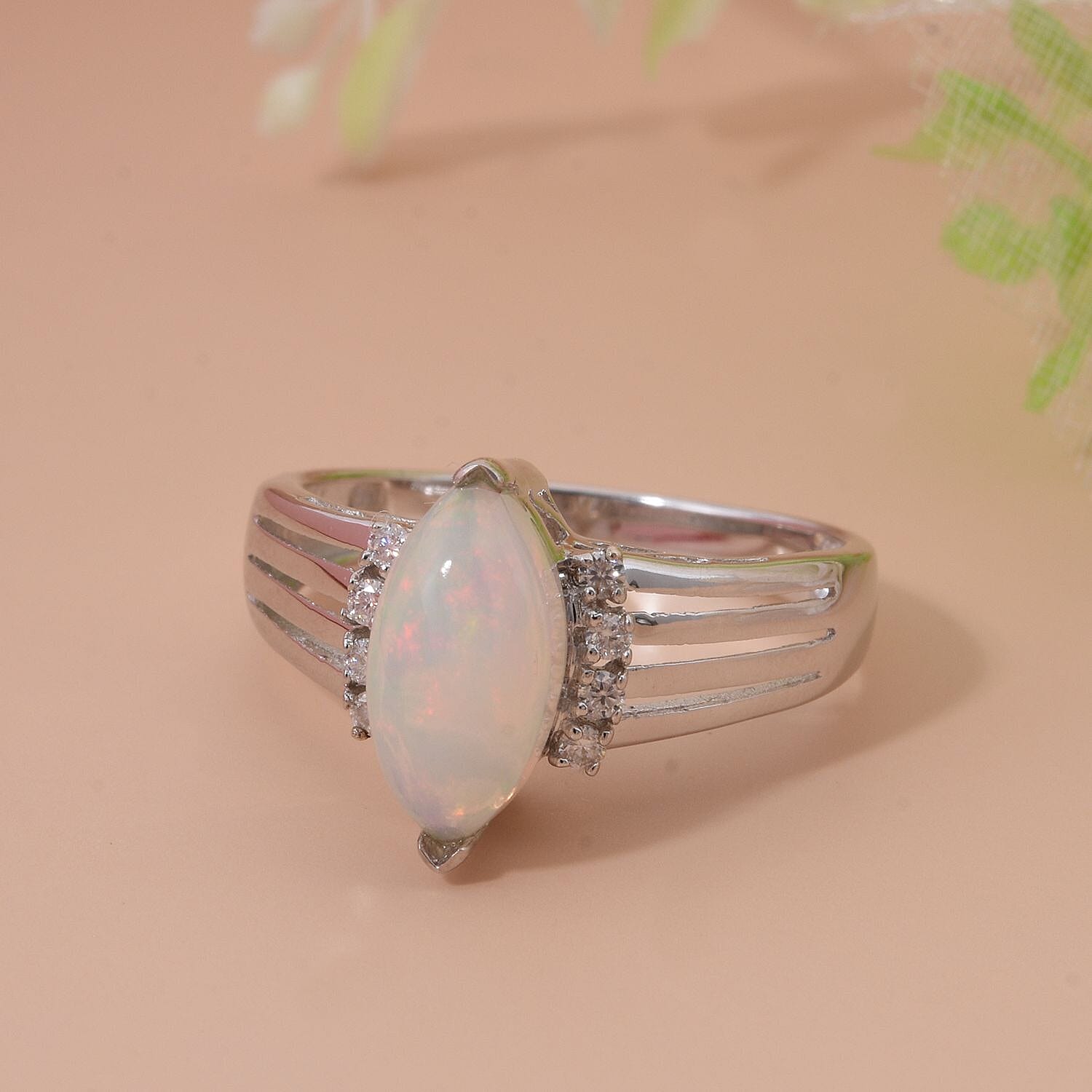 Ethiopian Opal & Moissanite Ring in Rhodium Overlay Sterling Silver 1.38 Ct.