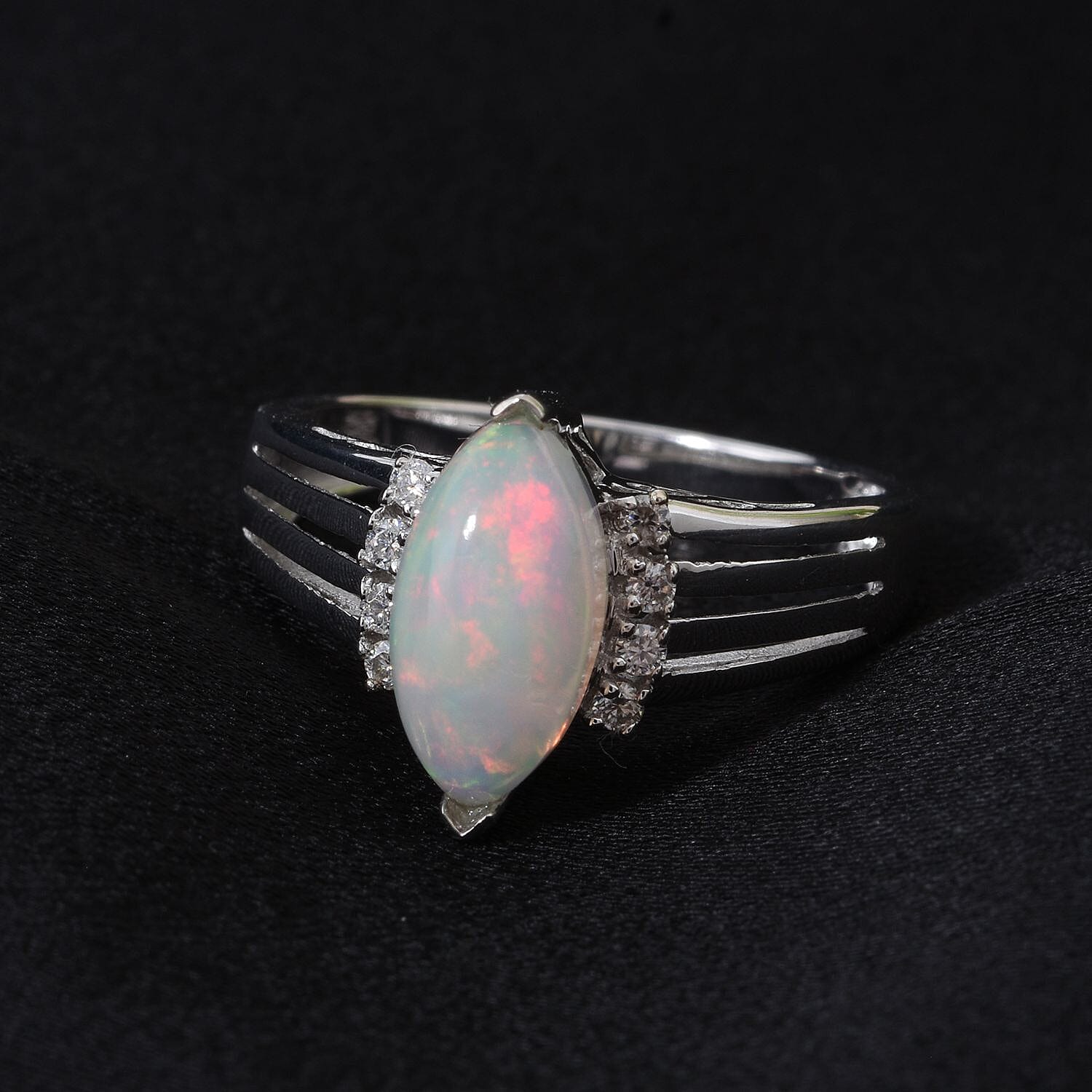 Ethiopian Opal & Moissanite Ring in Rhodium Overlay Sterling Silver 1.38 Ct.