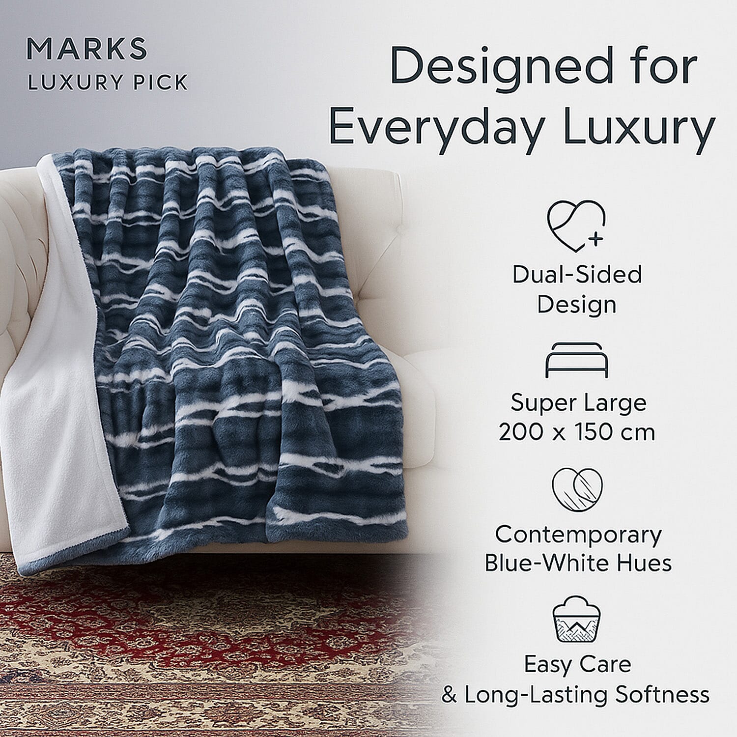 Sumptuously Super Soft Double Layered Sherpa Super Large Faux Rabbit Fur Blanket 680 GSM (200 x 150 cm) - Light Blue & White