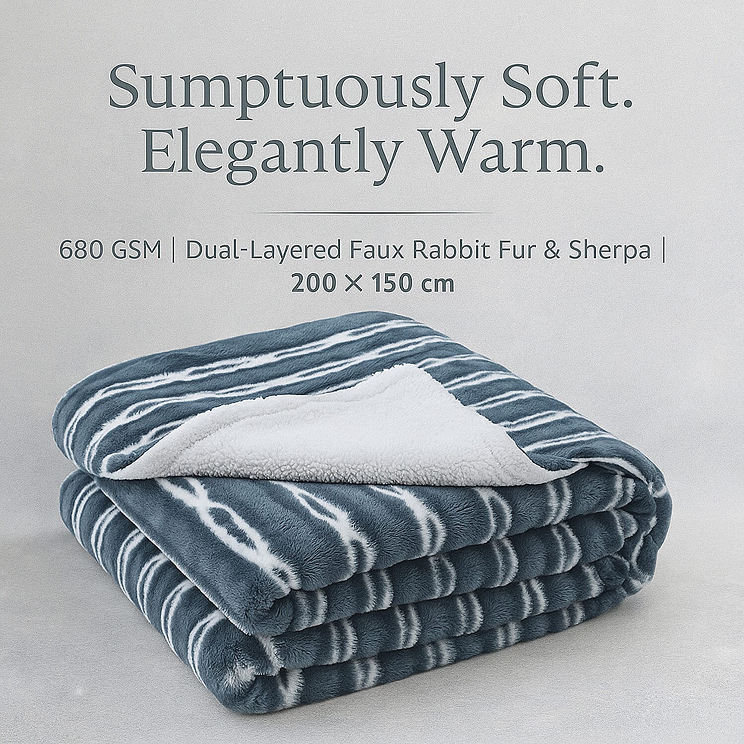 Sumptuously Super Soft Double Layered Sherpa Super Large Faux Rabbit Fur Blanket 680 GSM (200 x 150 cm) - Light Blue & White