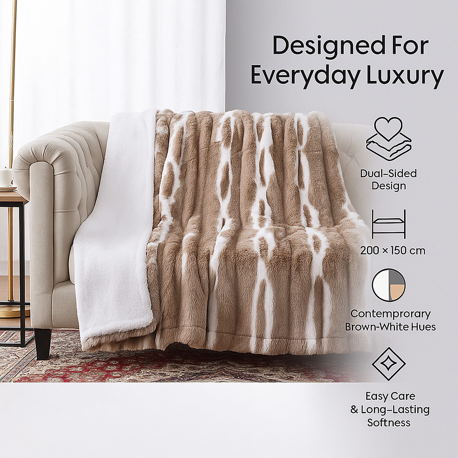 Luxury Pick - Sumptuously Super Soft Double Layered Sherpa Super Large Faux Rabbit Fur Blanket 680 GSM (200 x 150 cm) - Brown & White