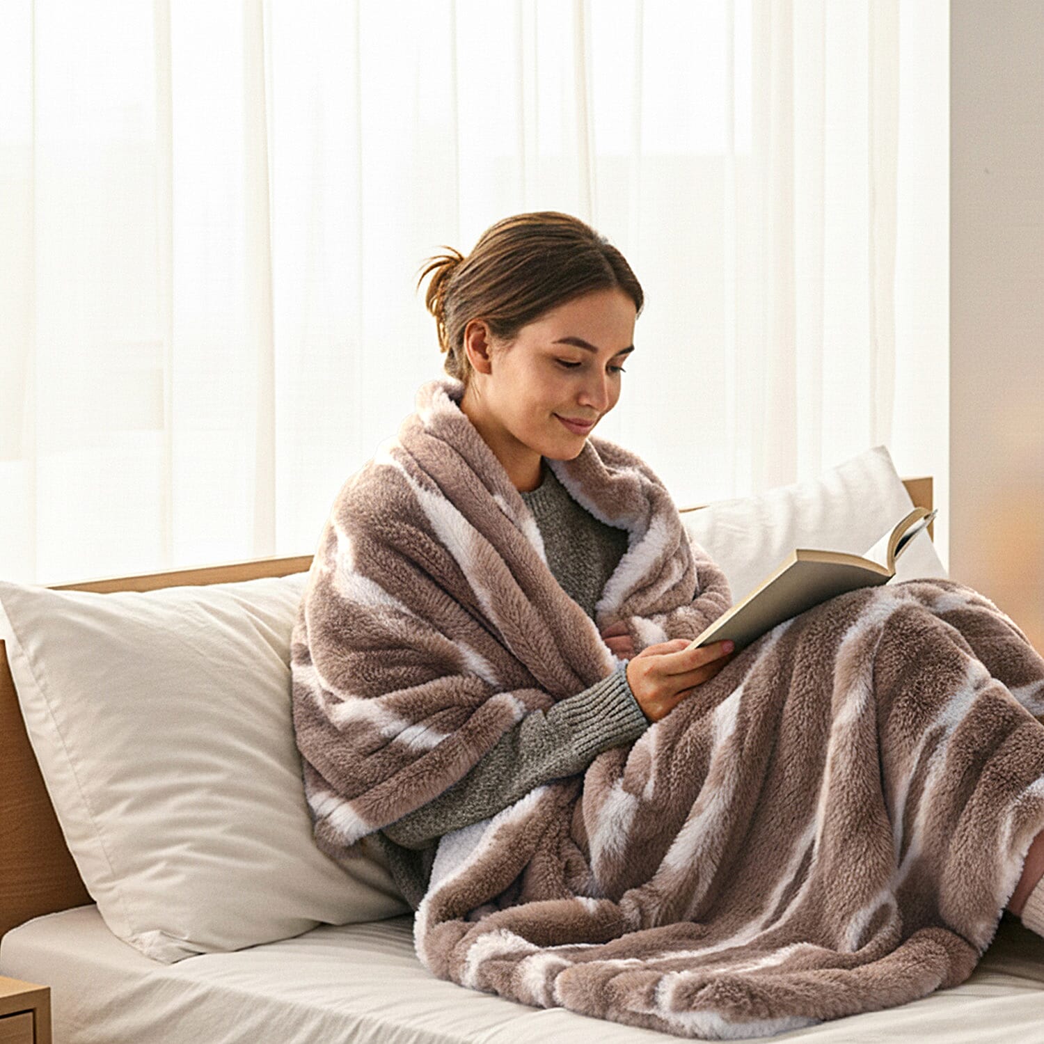 Luxury Pick - Sumptuously Super Soft Double Layered Sherpa Super Large Faux Rabbit Fur Blanket 680 GSM (200 x 150 cm) - Brown & White