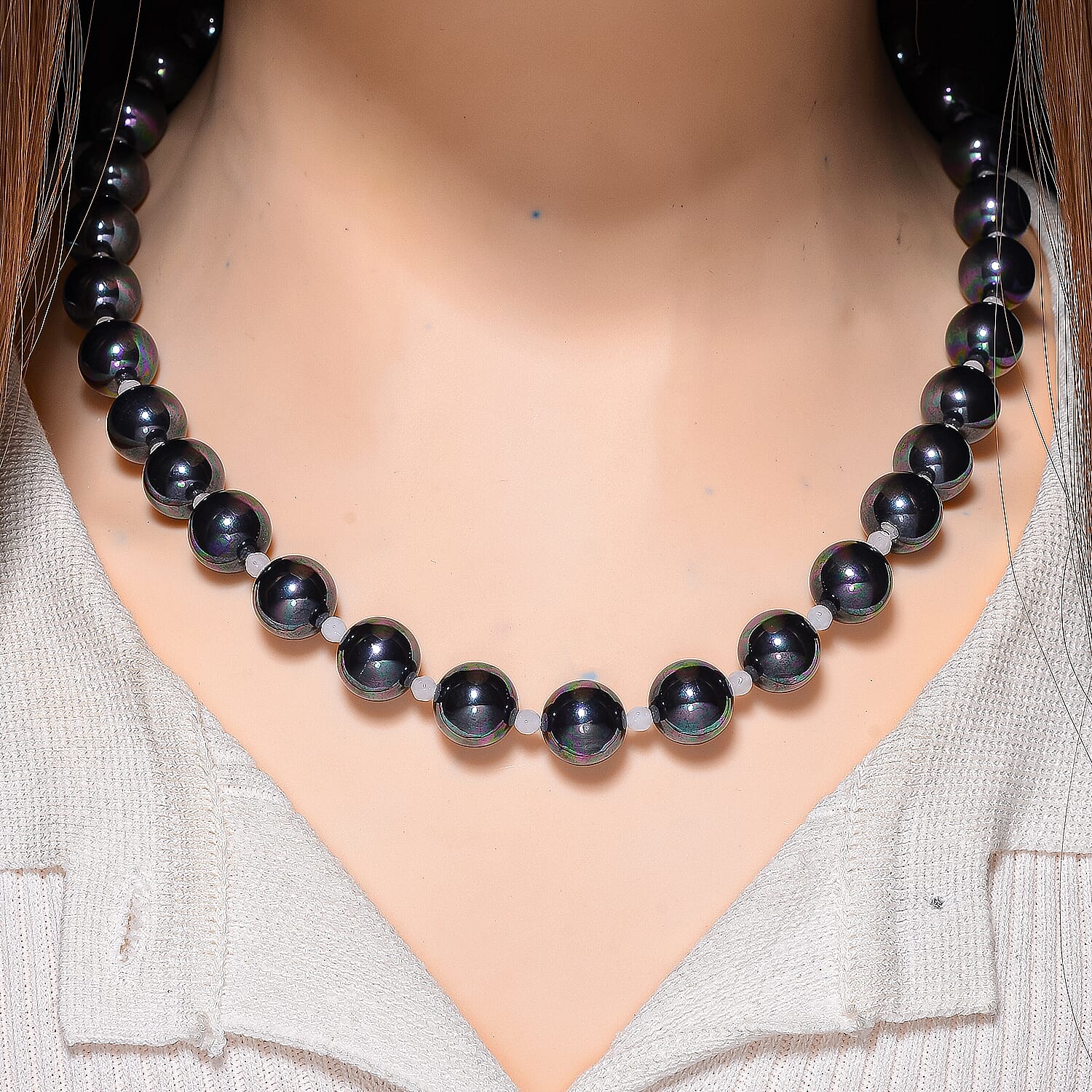 Peacock Color Shell Pearl & White Crystal Quartz Necklace (Size 20 - 2 Ext) 349.00 Ct.