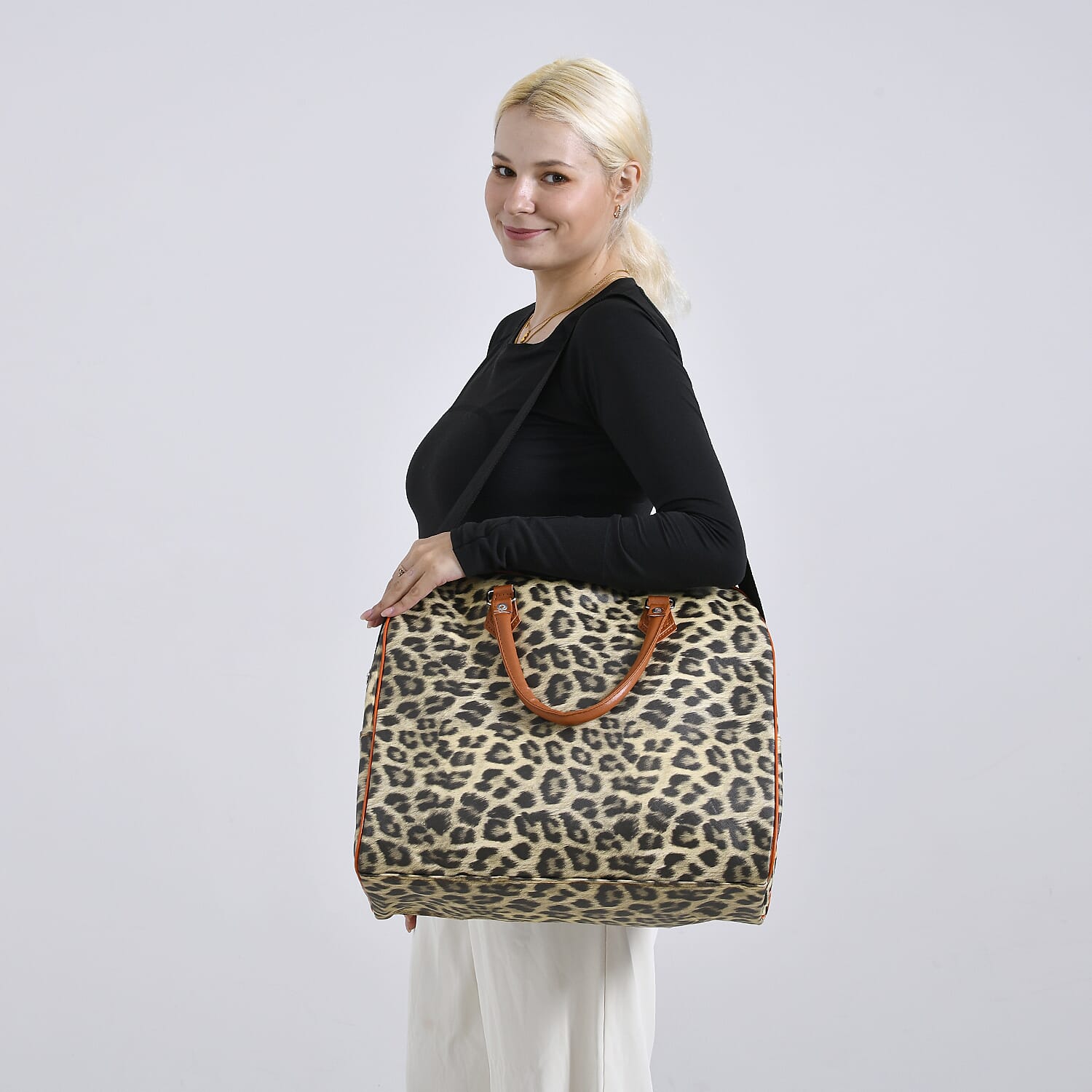 Leopard Pattern Tote Bag with Handle Drop & Detachable Shoulder Strap - Two Tone