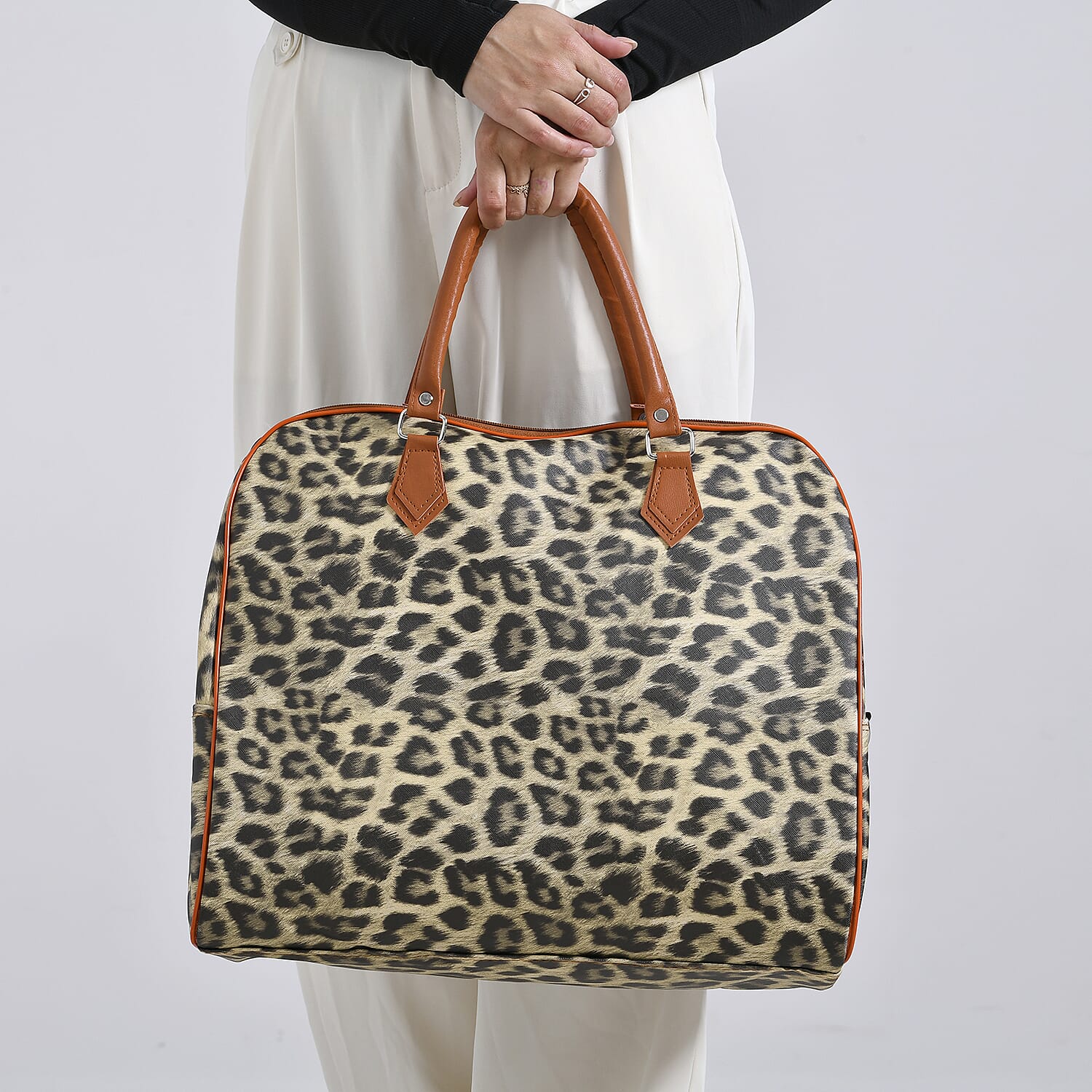 Leopard Pattern Tote Bag with Handle Drop & Detachable Shoulder Strap - Two Tone