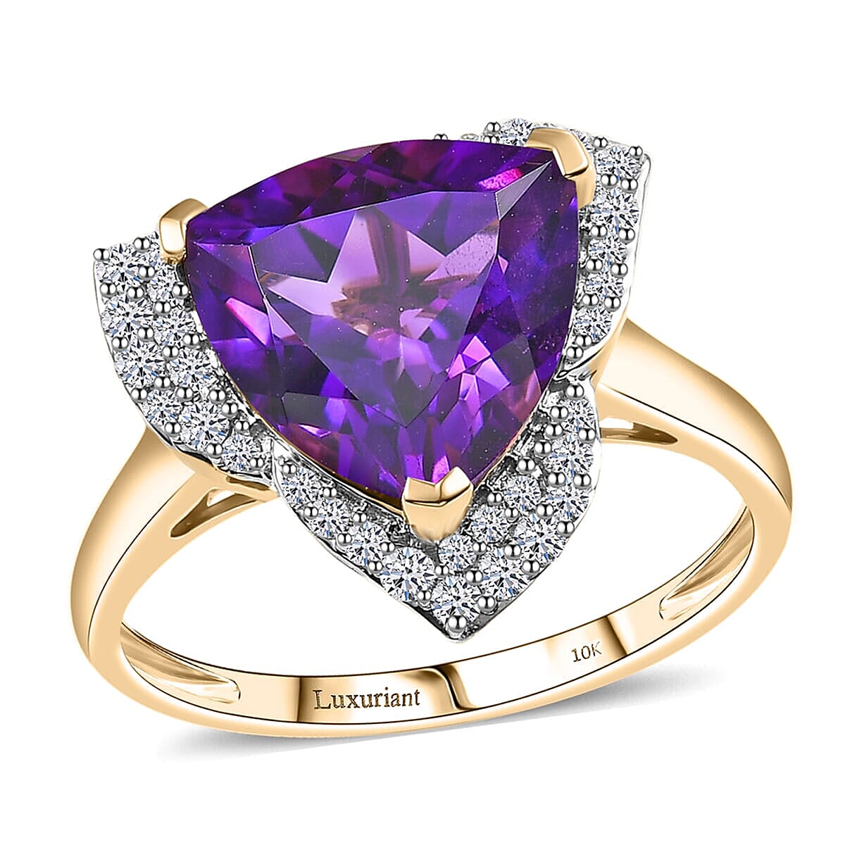 Luxuriant 10K Yellow Gold AAA Lusaka Amethyst, Lab Grown Diamond SI Main Stone With Side Stone Ring, Gold Wt.3.53 Gms  6.017  Ct.