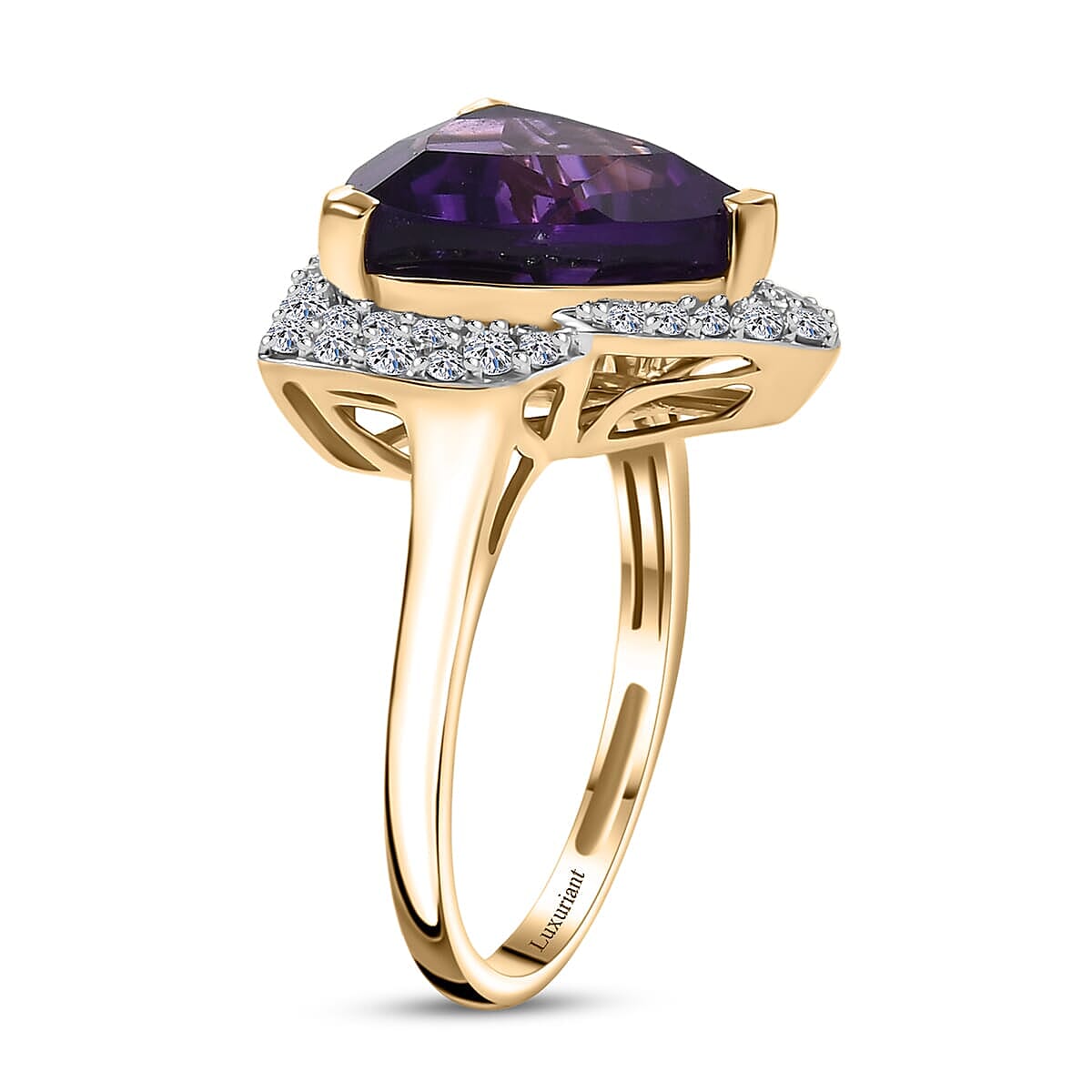 Luxuriant 10K Yellow Gold AAA Lusaka Amethyst, Lab Grown Diamond SI Main Stone With Side Stone Ring, Gold Wt.3.53 Gms  6.017  Ct.
