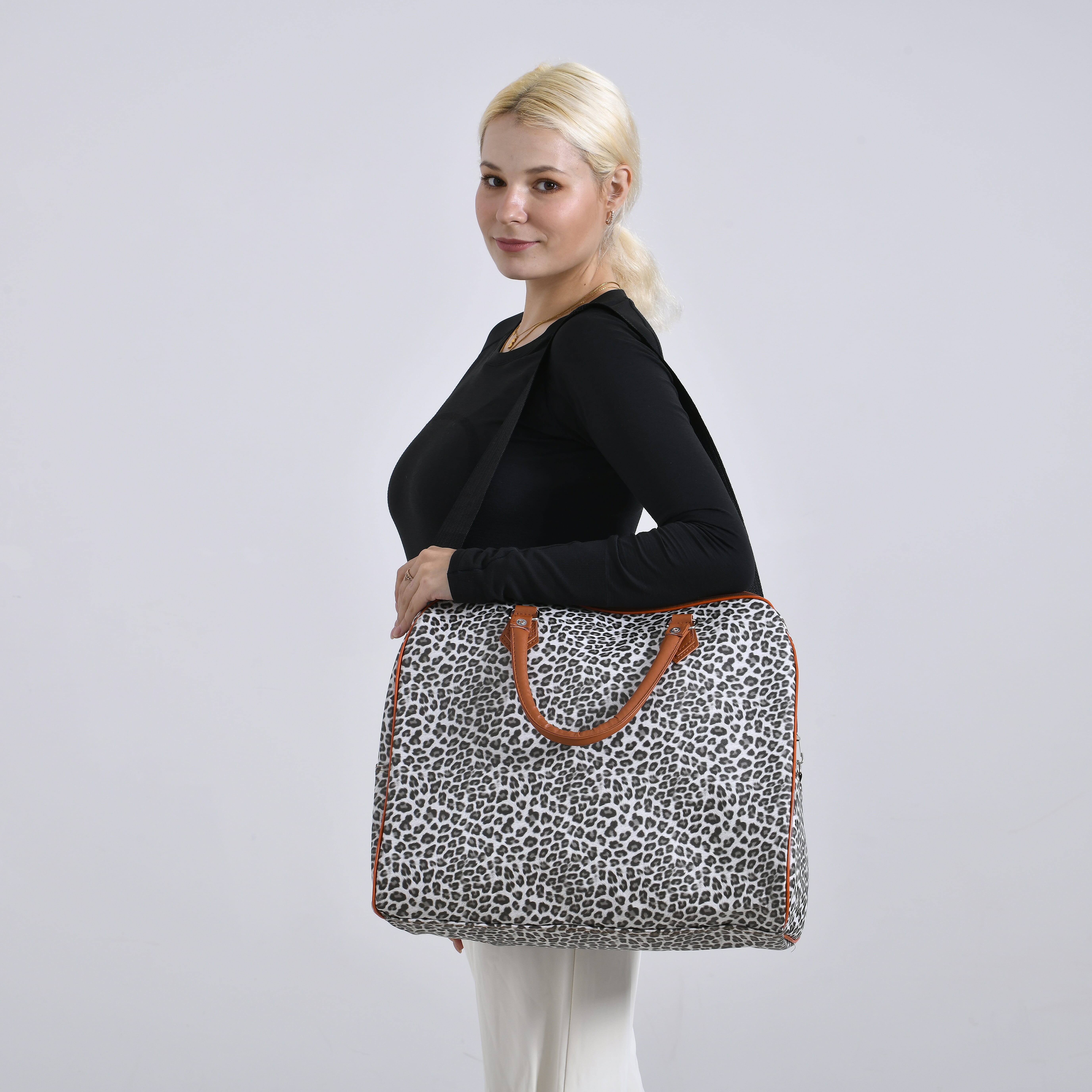 Leopard Pattern Tote Bag with Handle Drop & Detachable Shoulder Strap - Grey