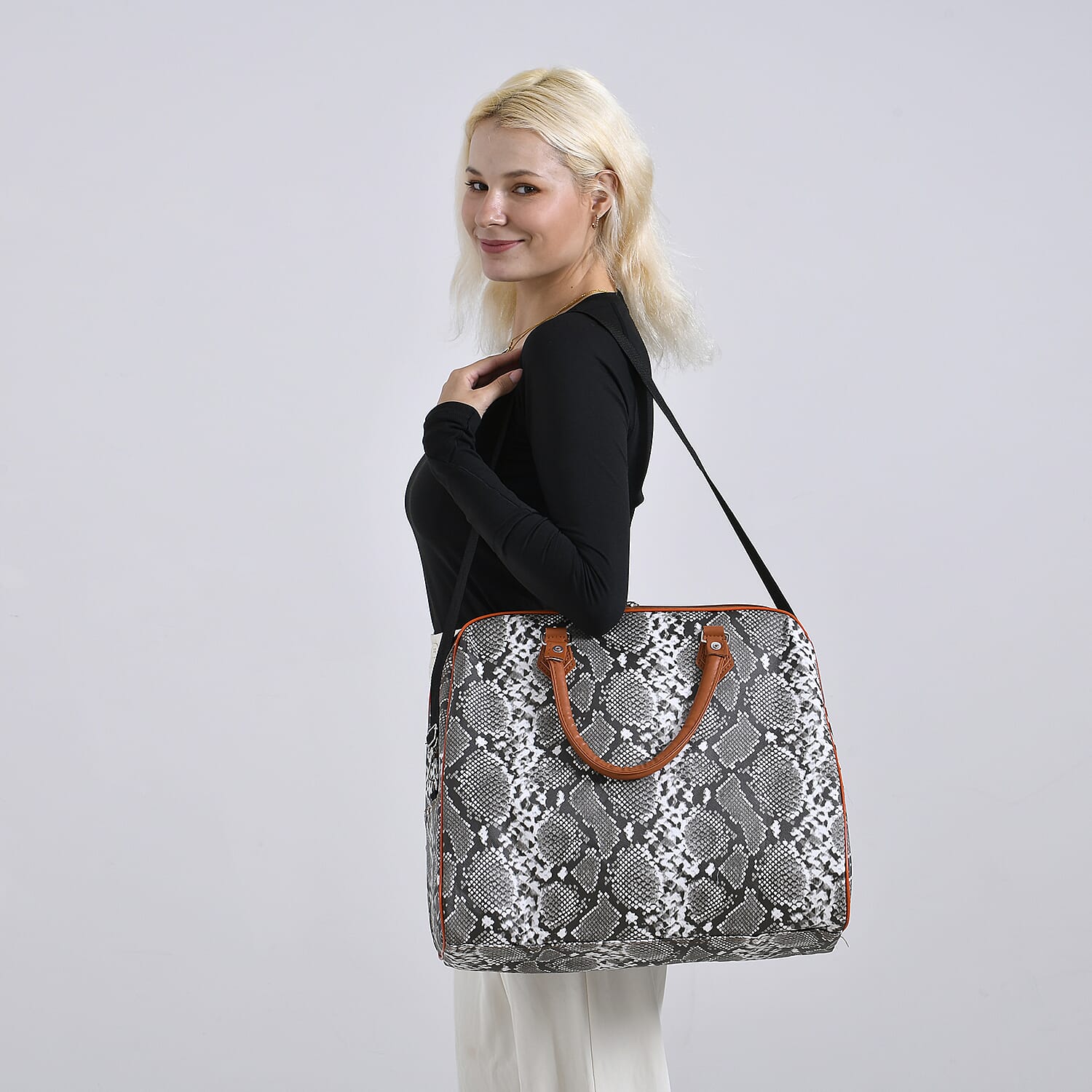 Snake Pattern Tote Bag with Handle Drop & Detachable Shoulder Strap - Grey