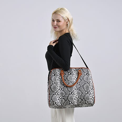 Snake Pattern Tote Bag with Handle Drop & Detachable Shoulder Strap - Grey