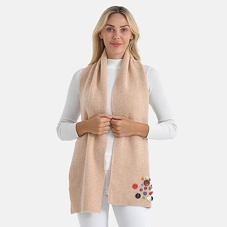 Designer Closeout Deal - Scarf with Colourful Button Accents - Cream
