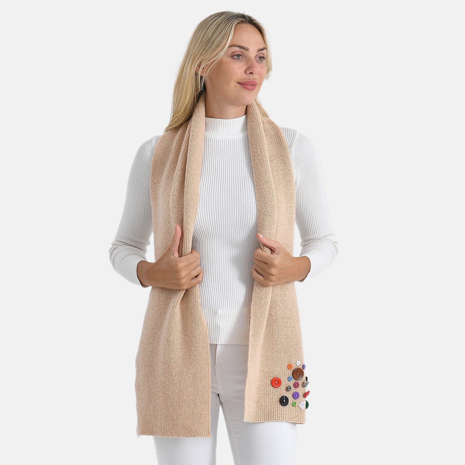 Designer Closeout Deal - Scarf with Colourful Button Accents - Cream