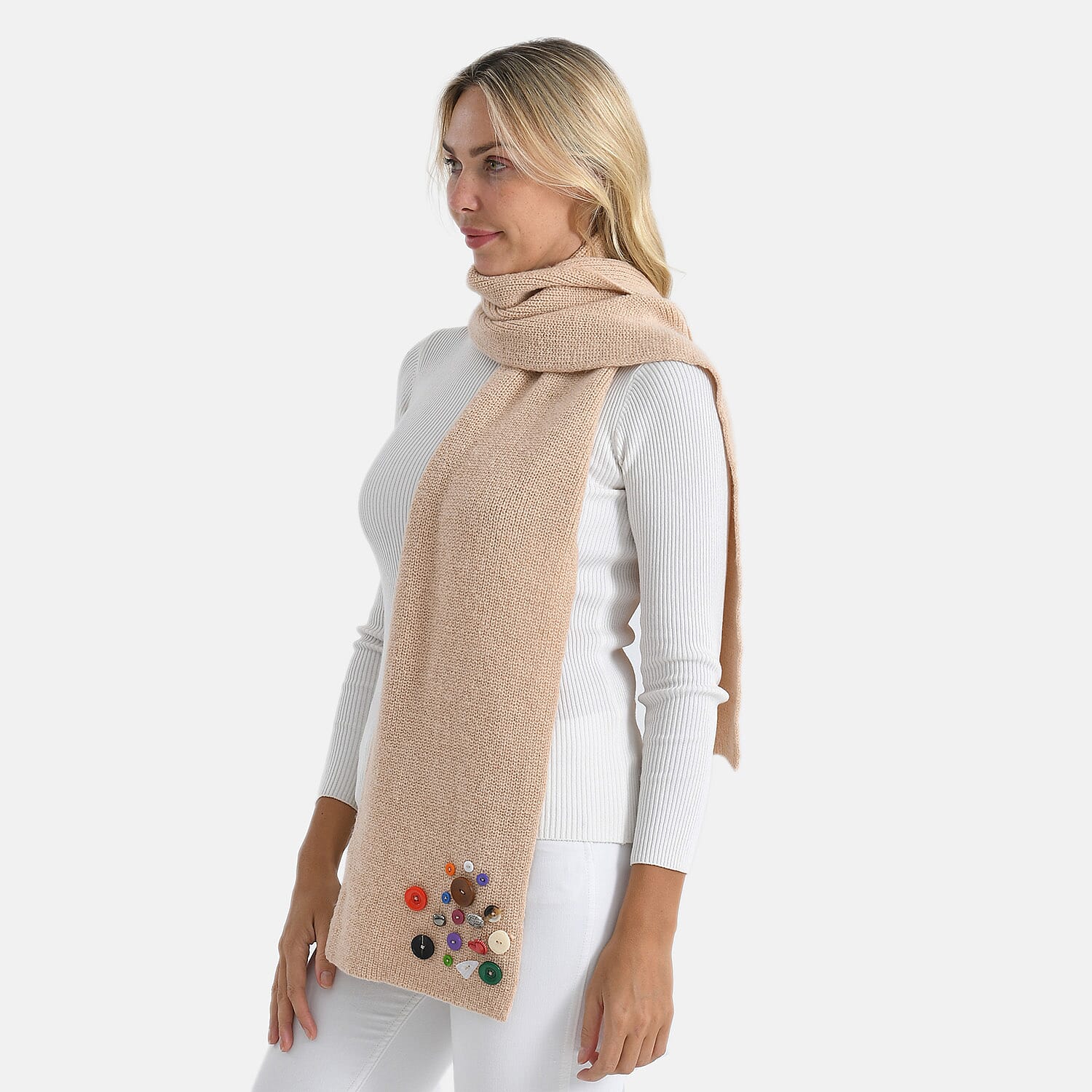 Designer Closeout Deal - Scarf with Colourful Button Accents - Cream