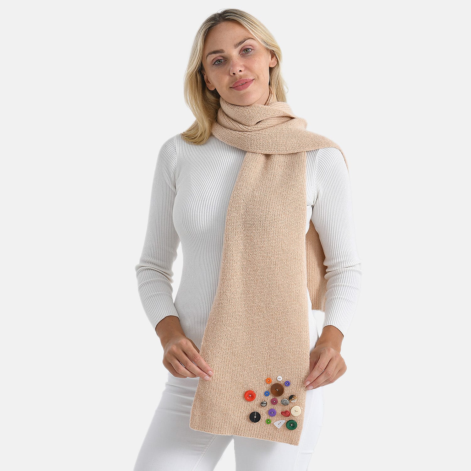Designer Closeout Deal - Scarf with Colourful Button Accents - Cream