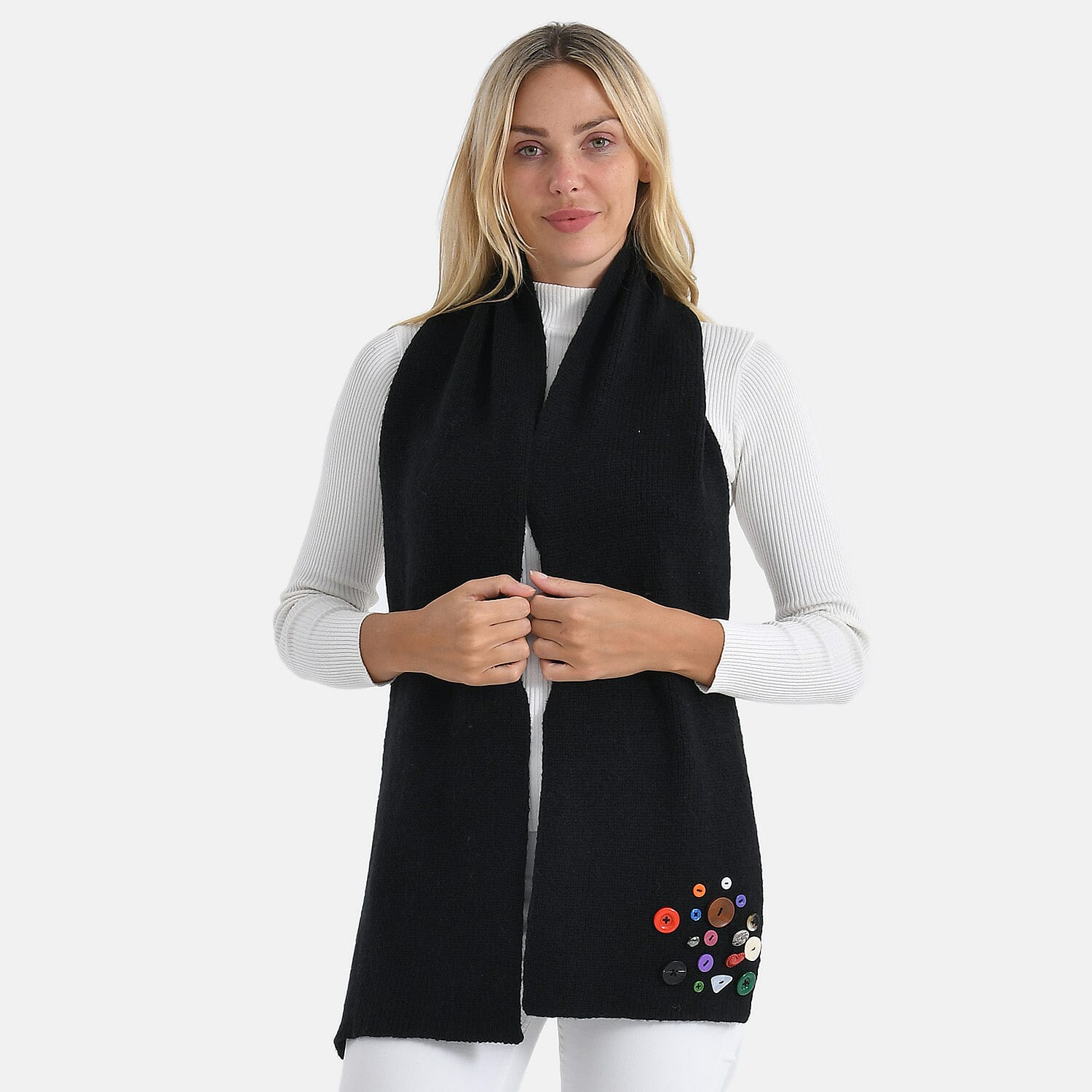 Designer Closeout Deal - Scarf with Colourful Button Accents - Black