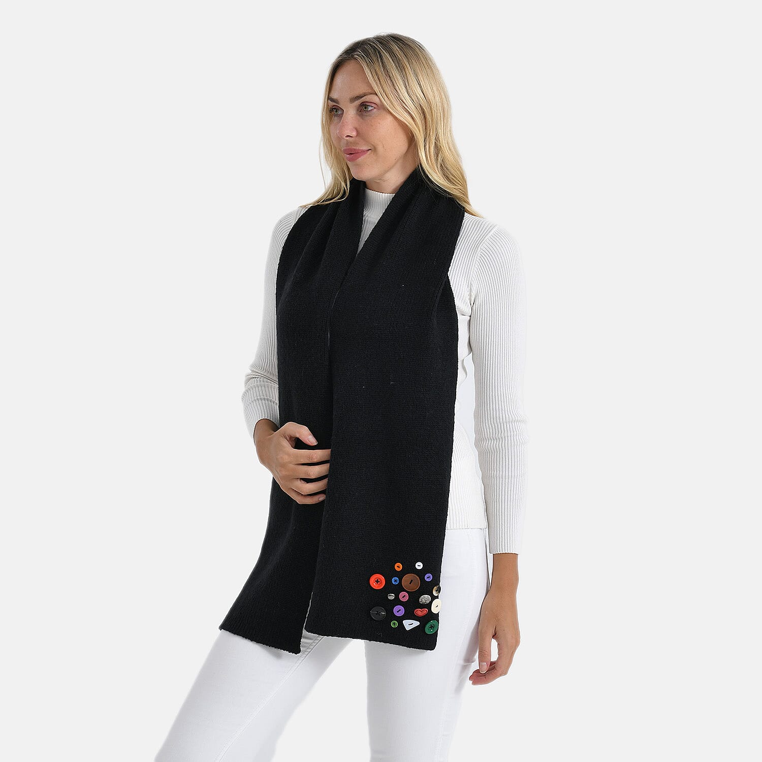 Designer Closeout Deal - Scarf with Colourful Button Accents - Black