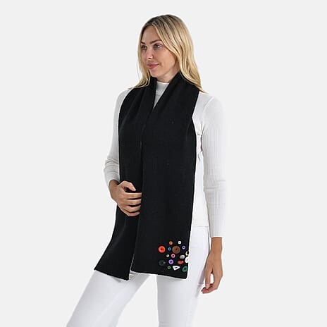 Designer Closeout Deal - Scarf with Colourful Button Accents - Black