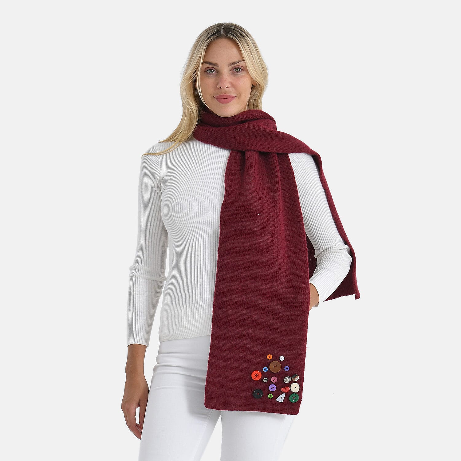 Designer Closeout Deal - Scarf with Colourful Button Accents - Burgundy
