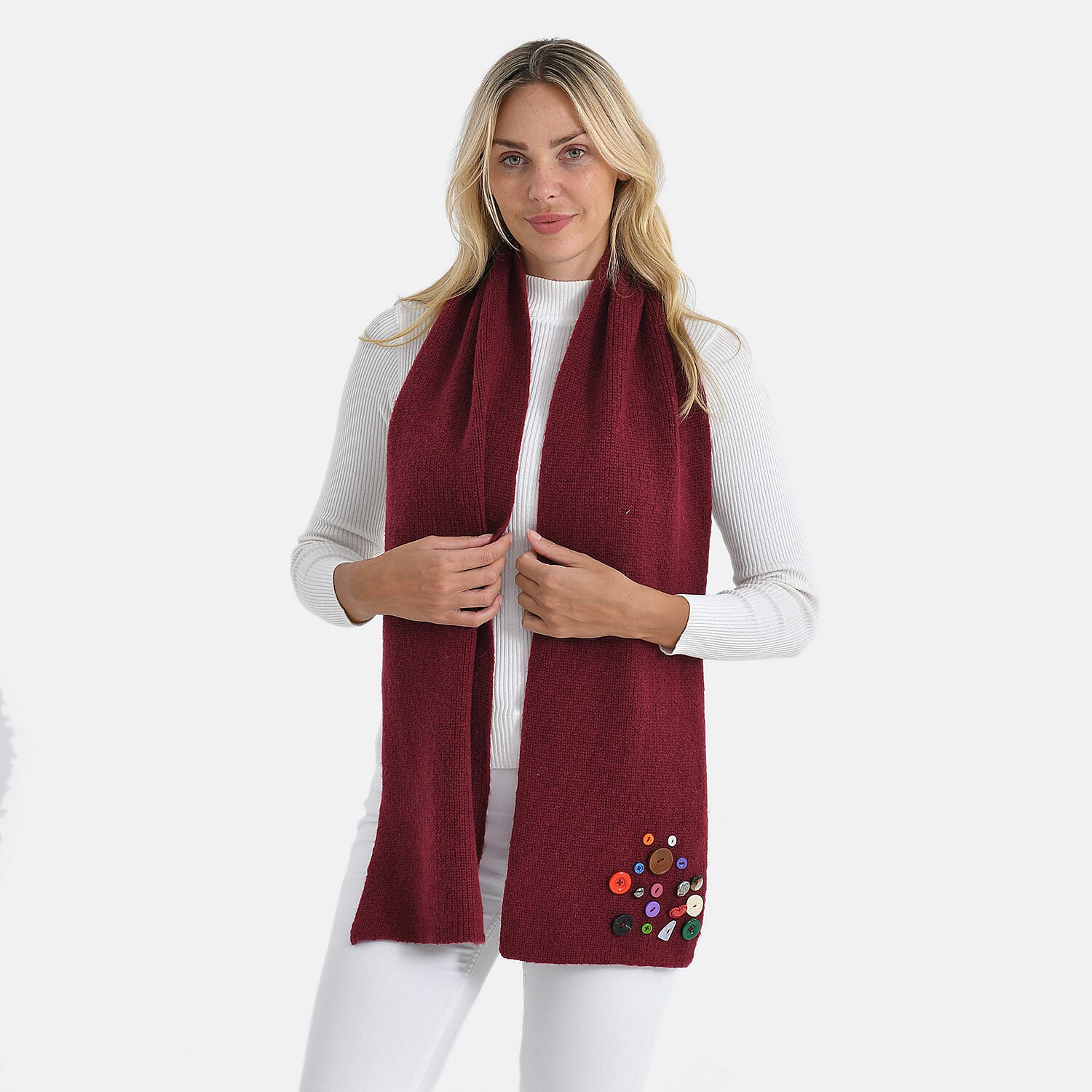 Designer Closeout Deal - Scarf with Colourful Button Accents - Burgundy