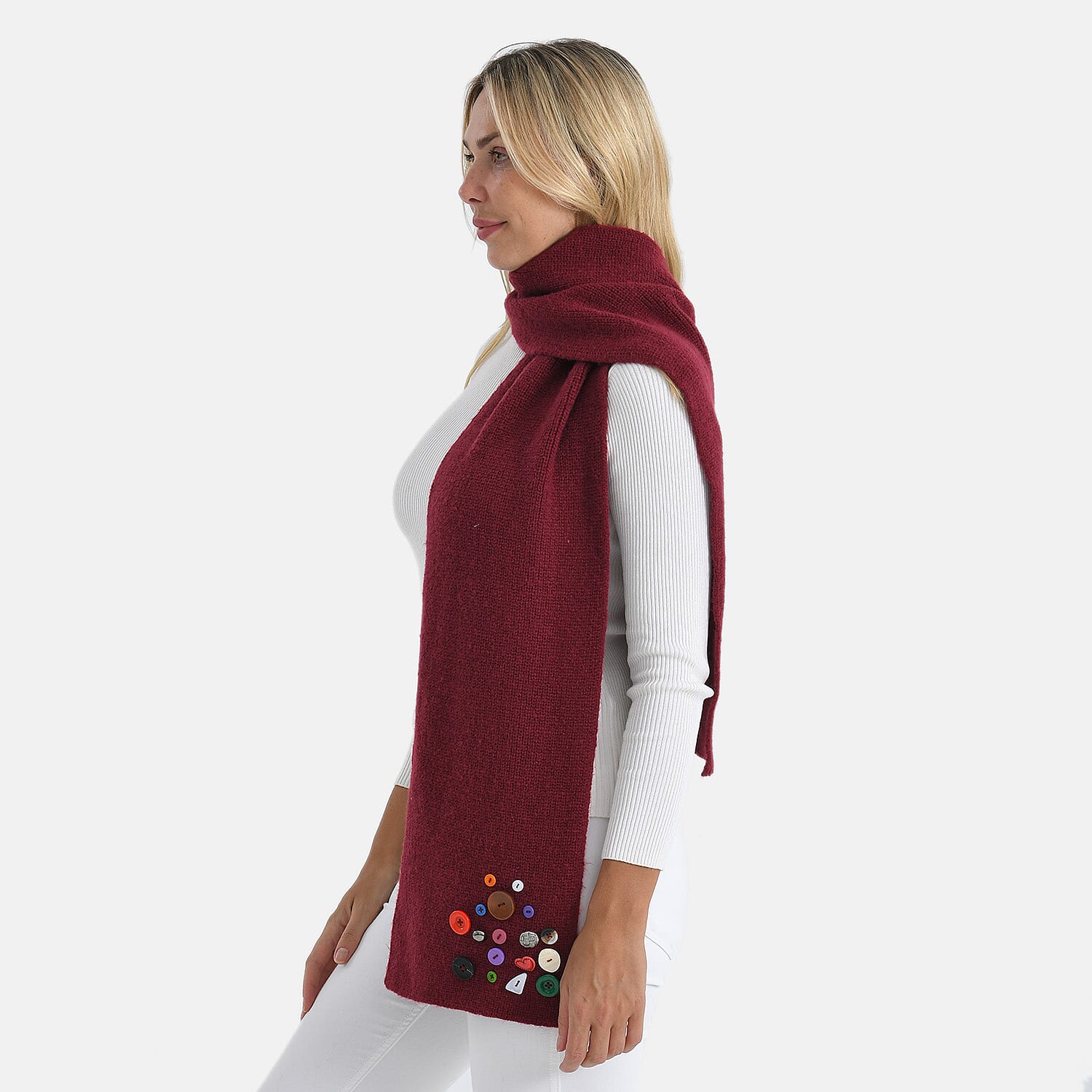 Designer Closeout Deal - Scarf with Colourful Button Accents - Burgundy