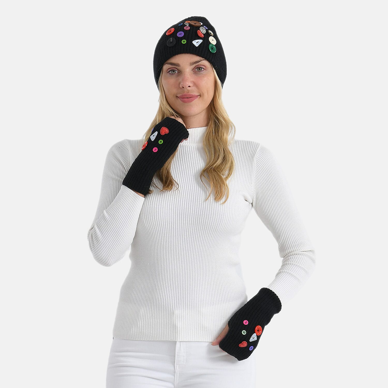 Designer Closeout Deal - Beanie Hat & Fingerless Glove Set with Colourful Button Accents - Black