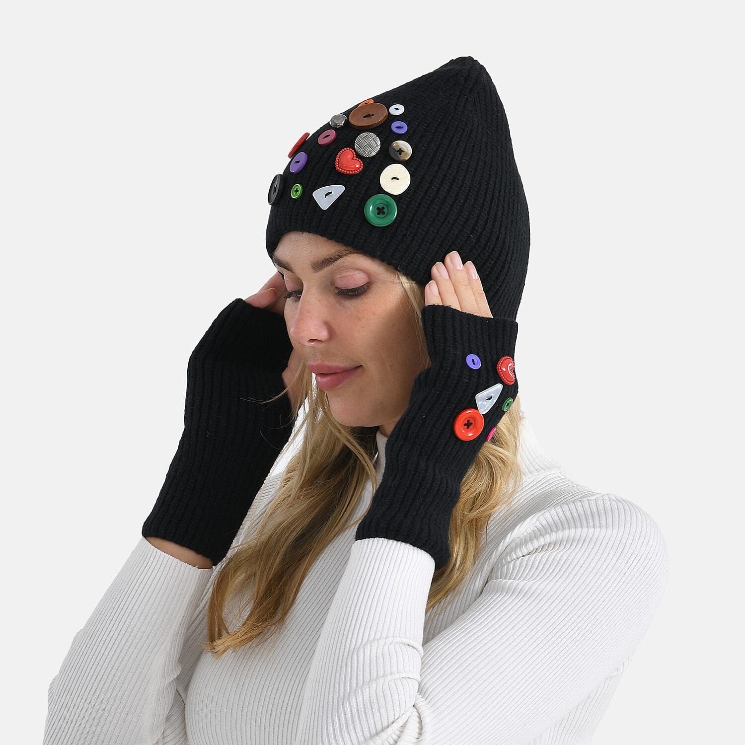 Designer Closeout Deal - Beanie Hat & Fingerless Glove Set with Colourful Button Accents - Black
