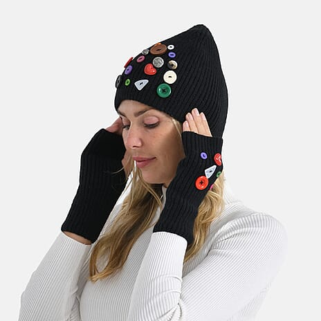 Designer Closeout Deal - Beanie Hat & Fingerless Glove Set with Colourful Button Accents - Black