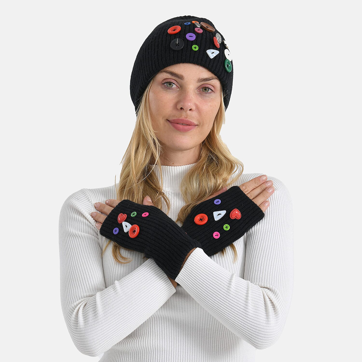 Designer Closeout Deal - Beanie Hat & Fingerless Glove Set with Colourful Button Accents - Black