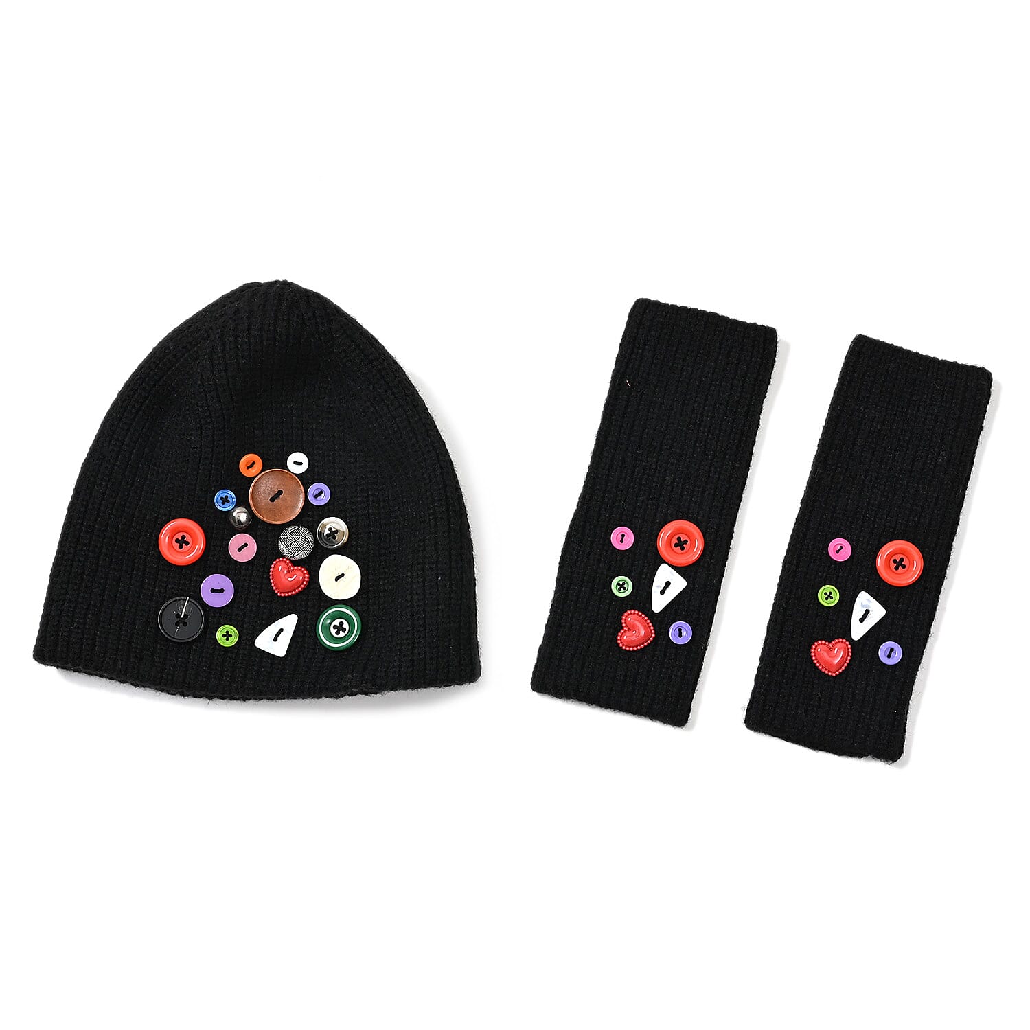 Designer Closeout Deal - Beanie Hat & Fingerless Glove Set with Colourful Button Accents - Black