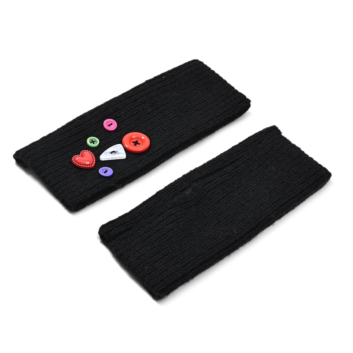 Designer Closeout Deal - Beanie Hat & Fingerless Glove Set with Colourful Button Accents - Black
