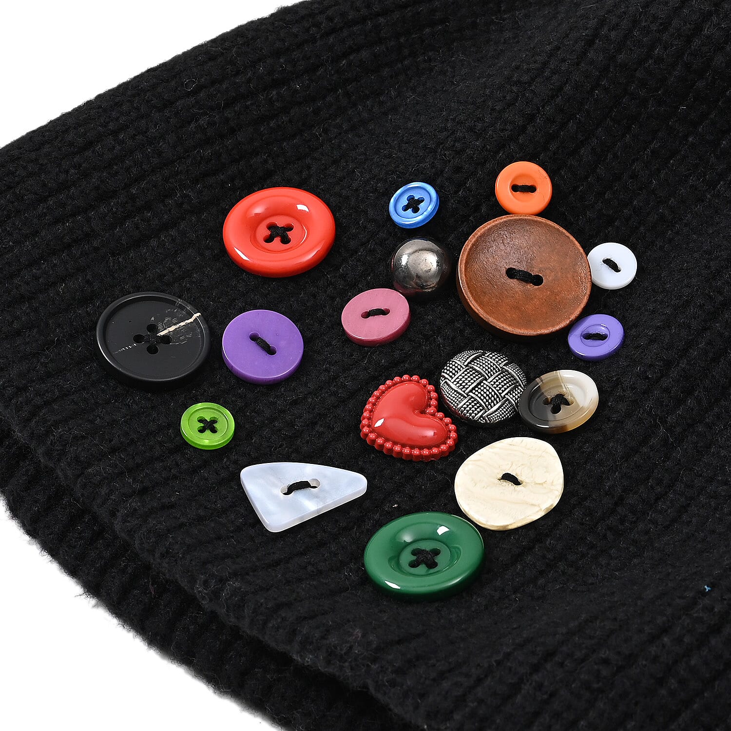Designer Closeout Deal - Beanie Hat & Fingerless Glove Set with Colourful Button Accents - Black