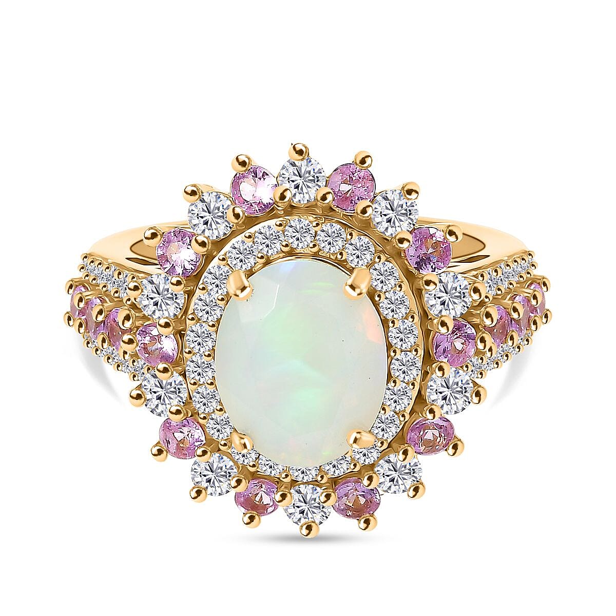 Ethiopian Opal, Pink Sapphire & White Zircon Cherry Blossom Ring in 18K Vermeil Yellow Gold Plating Sterling Silver 4.09 Ct.