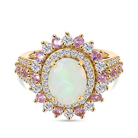 Ethiopian Opal, Pink Sapphire & White Zircon Cherry Blossom Ring in 18K Vermeil Yellow Gold Plating Sterling Silver 4.09 Ct.