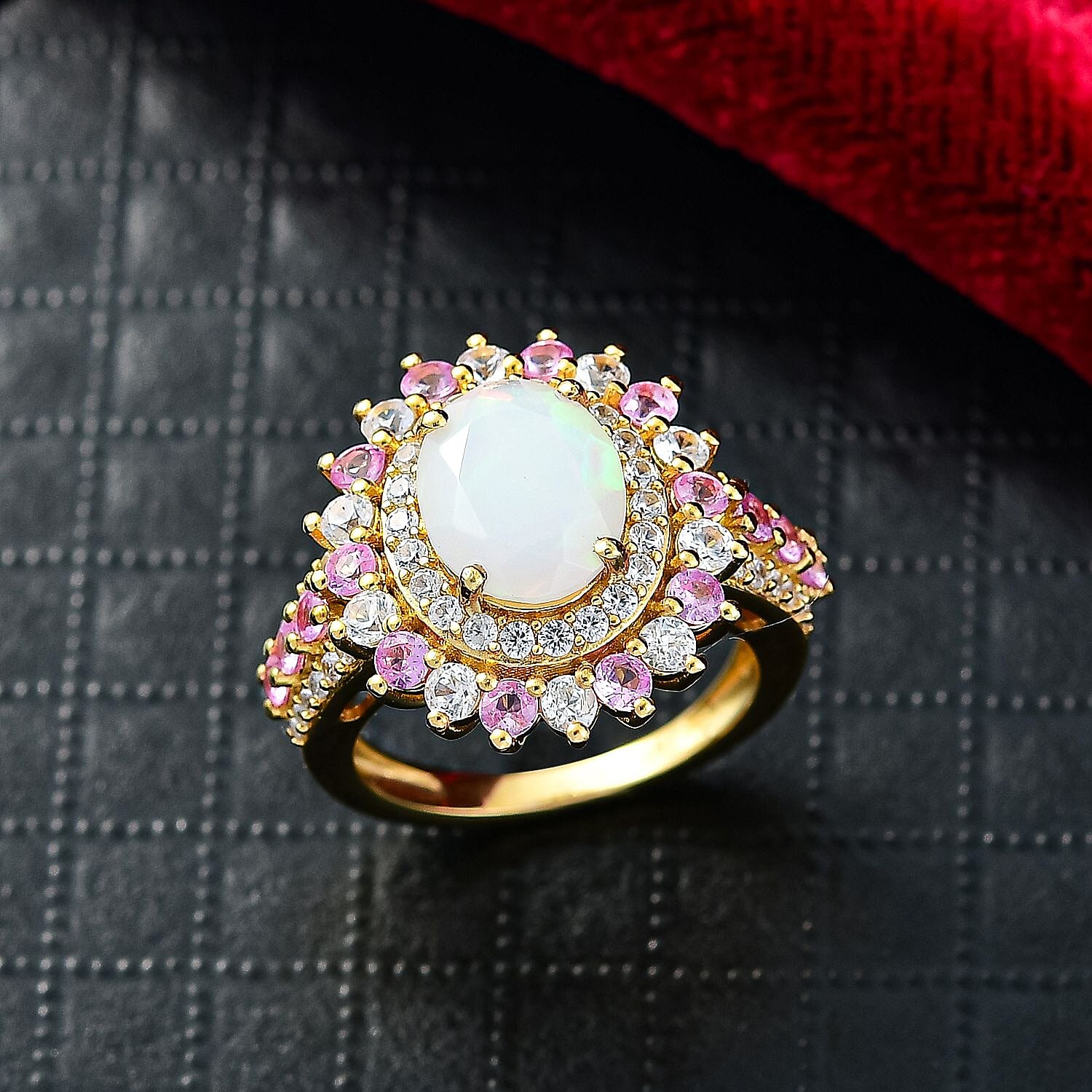 Ethiopian Opal, Pink Sapphire & White Zircon Cherry Blossom Ring in 18K Vermeil Yellow Gold Plating Sterling Silver 4.09 Ct.